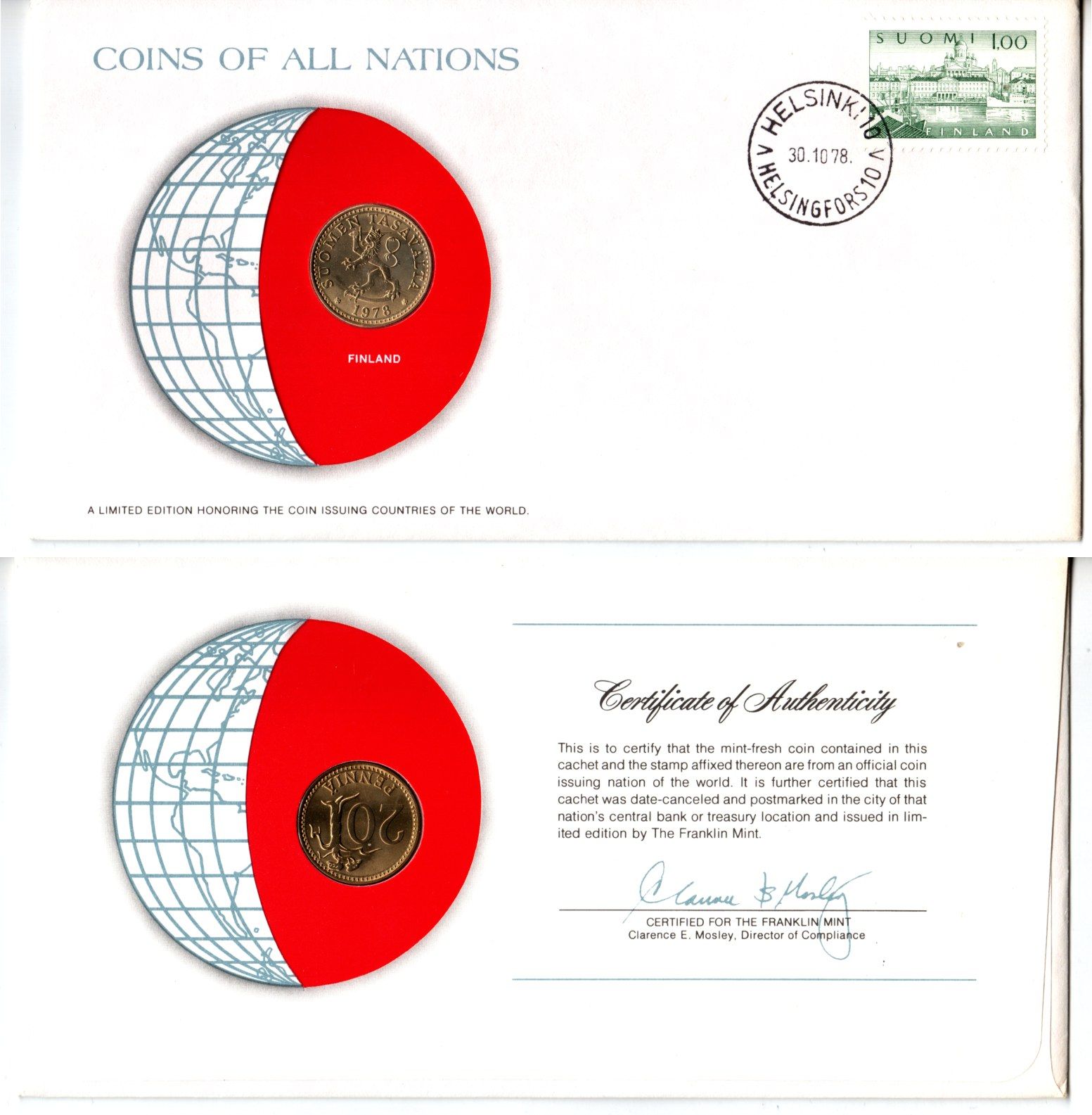 Финляндия 20 пенни 1978 конверт с маркой первого дня гашения, Coins of Nations KM 47 алюминиевая бронза UNC 4295-2-2