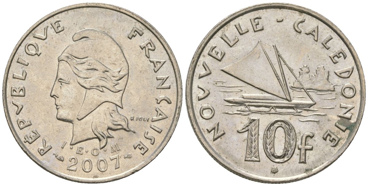 Французская Новая Каледония 10 франков 2007 рыбачья парусная лодка, (IEOM) KM 11a, Schoen 13a, Lec 99k медно-никель 56-622