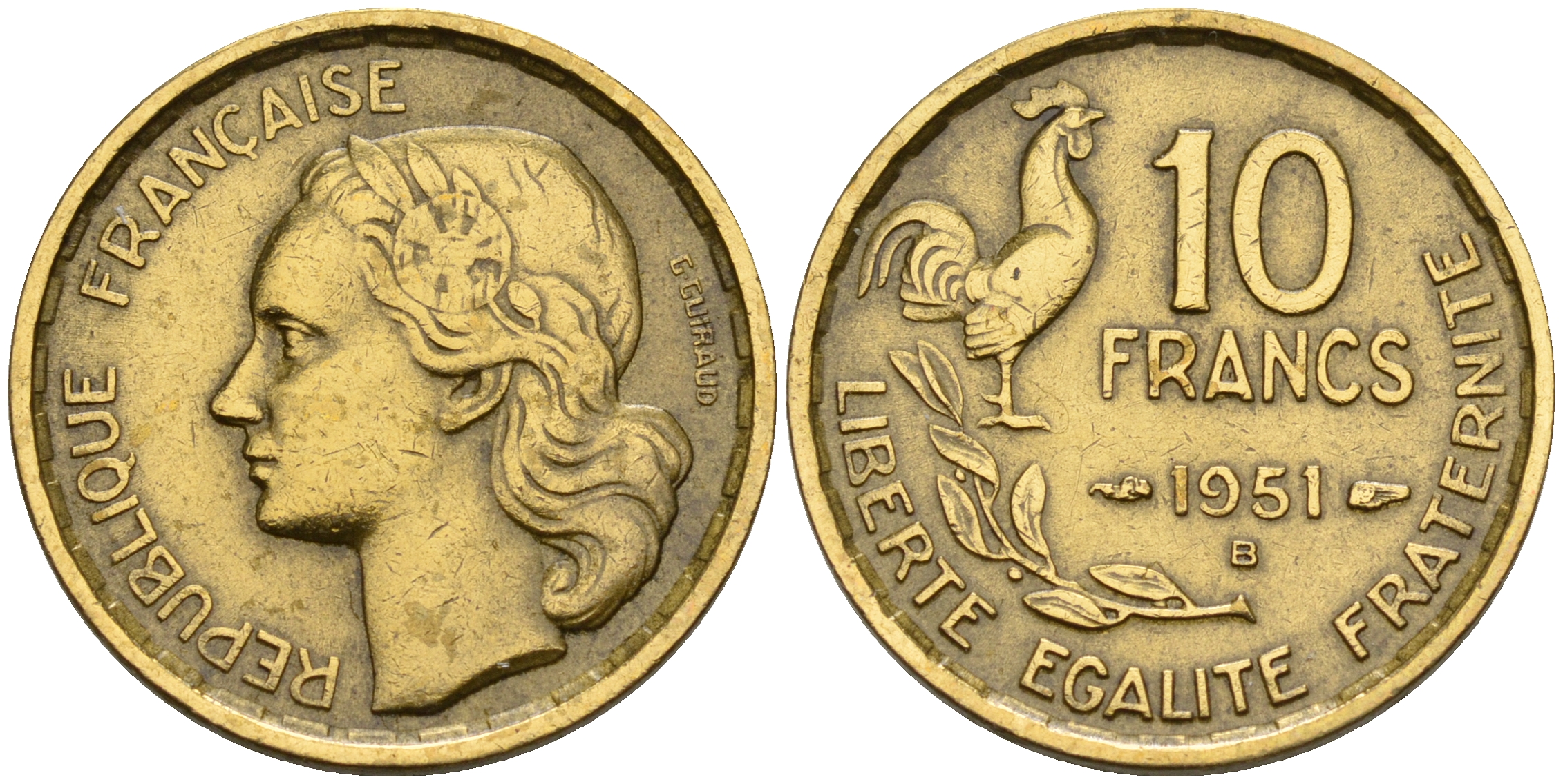 Франция 10 франков 1951 B, петух KM 915.2, Le Franc 363.5 алюминиевая бронза    4152-1241