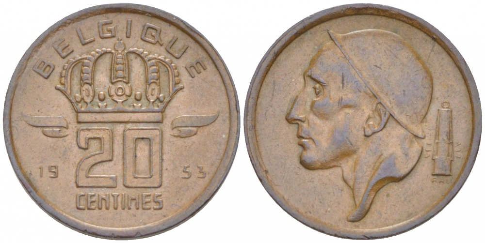 БЕЛЬГИЯ 20 САНТИМОВ 1953 BELGIQUE KM 146 бронза 3718-238