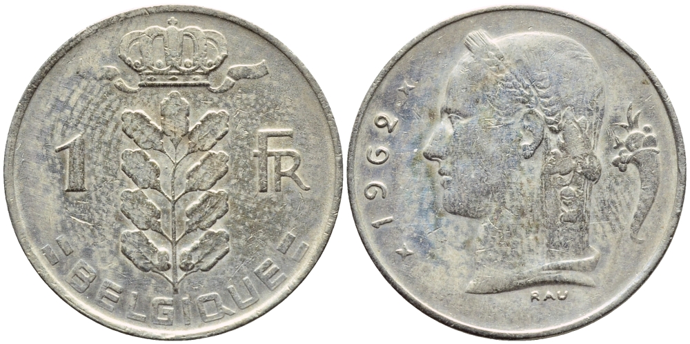 БЕЛЬГИЯ 1 ФРАНК 1962 BELGIQUE KM 142.1 медно-никель 4388-627