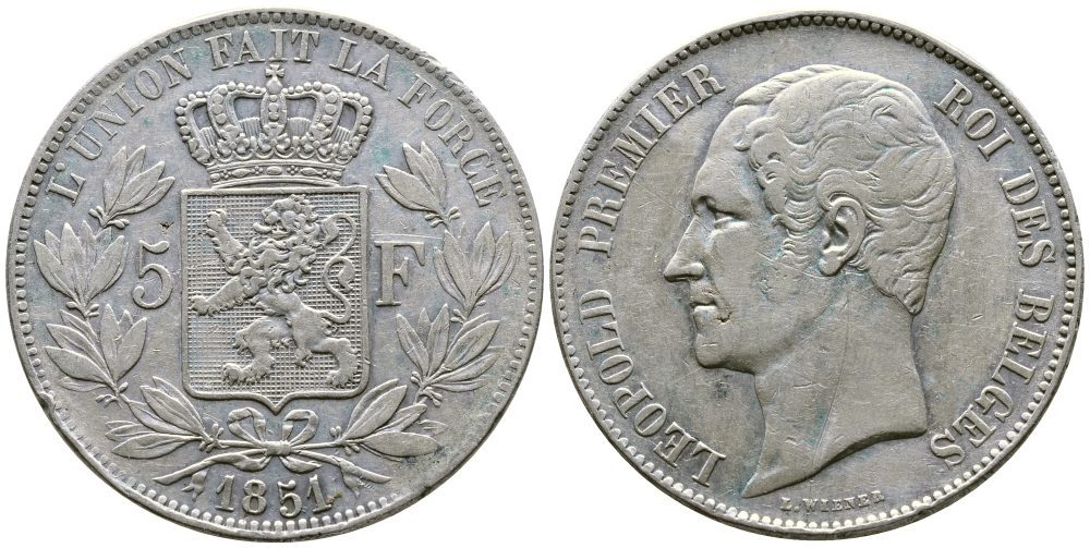 Бельгия 5 франков 1851 Леопольд I (1831-1865) KM 17 серебро 00-1067-5-24