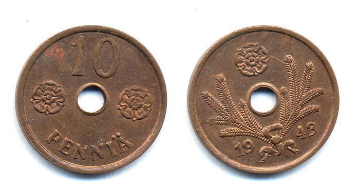 ФИНЛЯНДИЯ 10 ПЕННИ 1943 KM 33.1 медь 51-5036