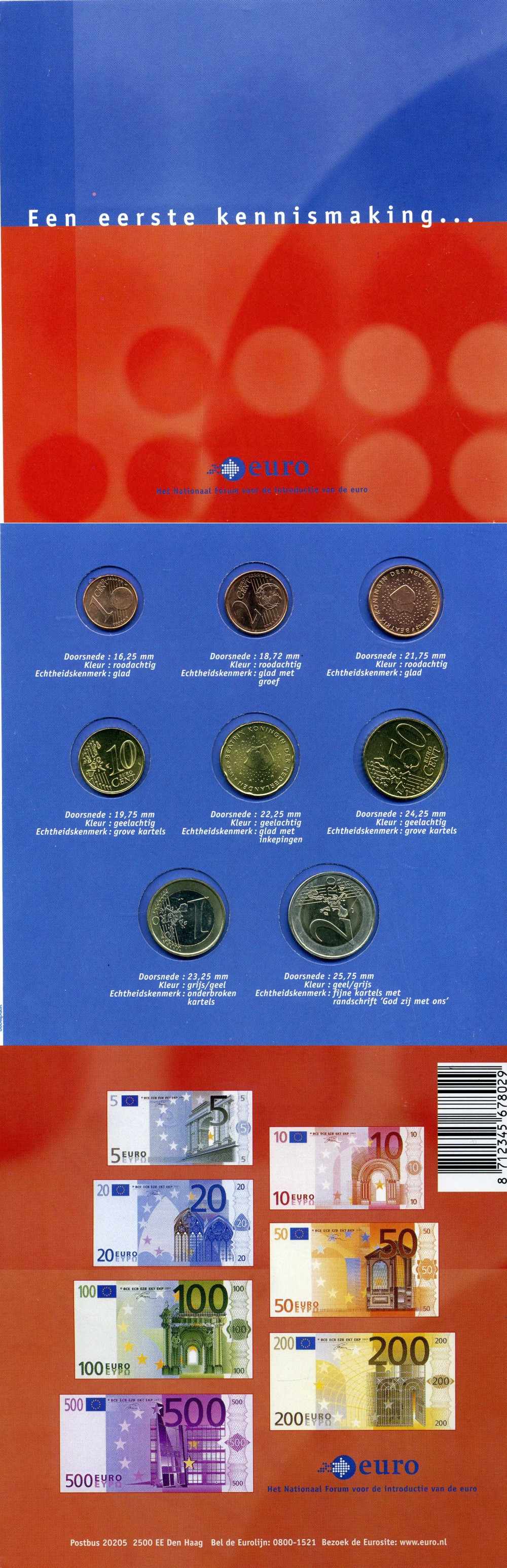 Нидерланды евронабор из 8 монет 1999-2001 официальный выпуск, в картонном буклете, с описанием биметалл UNC 1-6-4-34