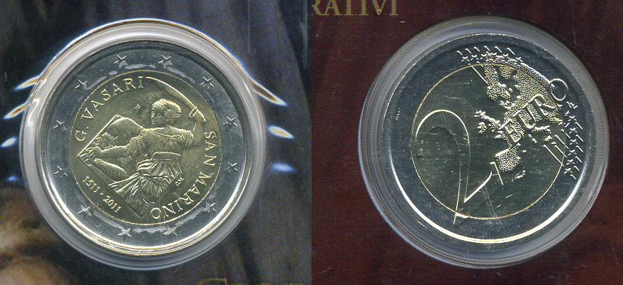 Сан-Марино 2 евро 2011 ДЖОРДЖИО ВАЗАРИ, в оригинальном буклете KM NEW биметалл UNC 00-00