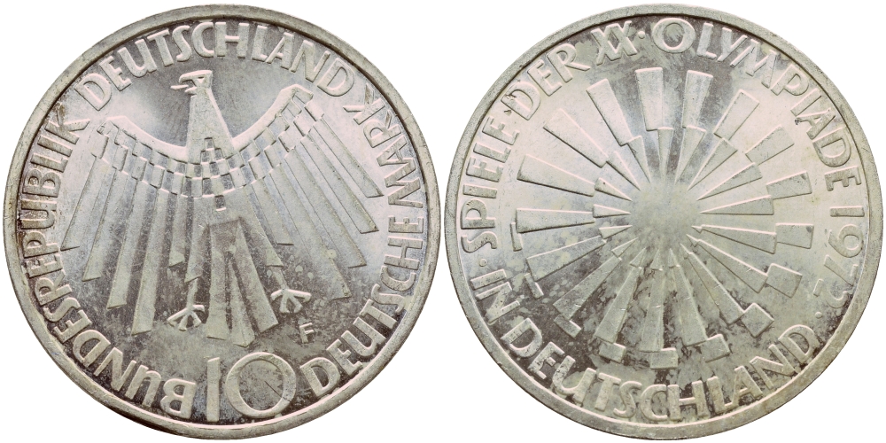 ФРГ 10 МАРОК 1972 F, ОЛИМПИАДА, СПИРАЛЬ J 401b, KM 134.1 серебро aUNC 1522-333