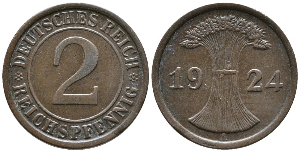 ГЕРМАНИЯ 2 РЕЙХСПФЕННИГА 1924 A KM 38, J. 314 бронза 24-731