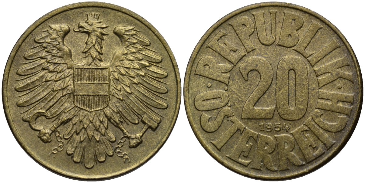 Австрия 20 грошей 1954 KM 2877 алюминиевая бронза 00-00