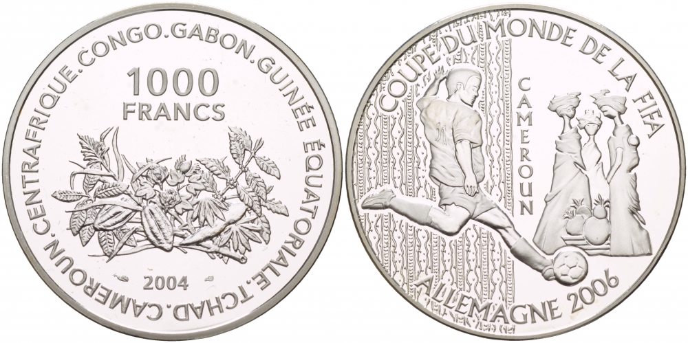 Центральная Африка (BEAC) 1000 франков 2004 чемпионат мира по футболу в Германии FIFA Камерун, 2006 KM 23 серебро PROOF 1088-5-64
