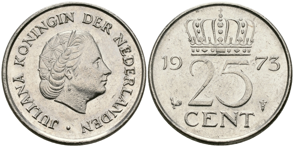 НИДЕРЛАНДЫ 25 ЦЕНТОВ 1973 ЮЛИАНА KM 183 никель 96-232