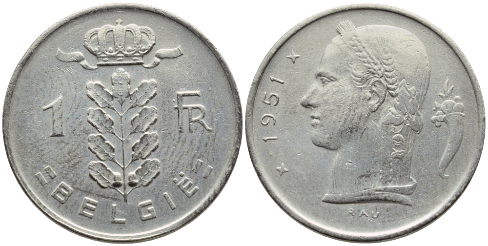 БЕЛЬГИЯ 1 ФРАНК 1951 BELGIE KM 143.1 медно-никель 4390-412