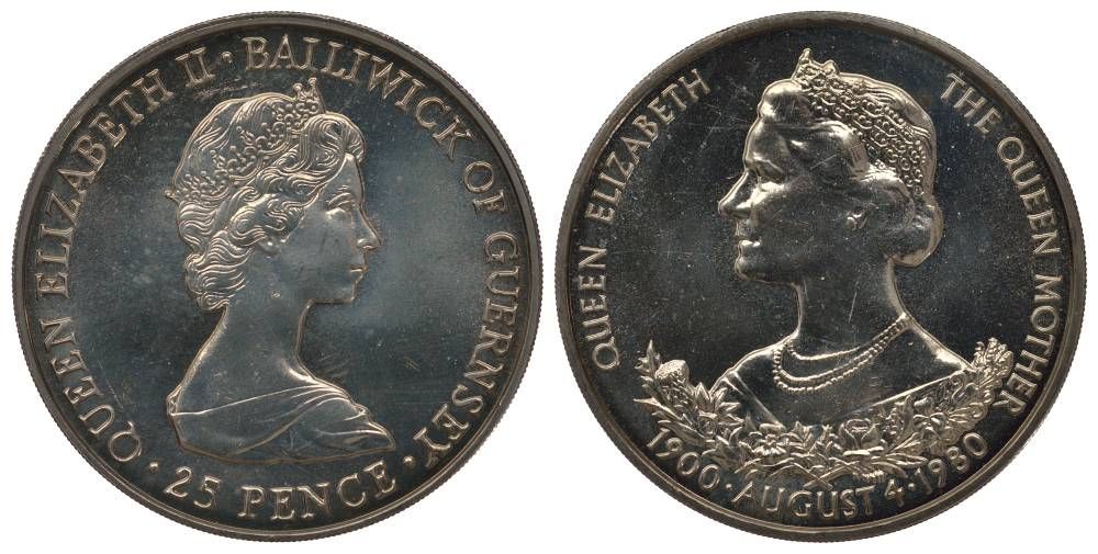 Гернси 25 пенсов 1980 80 лет Королеве Елизавете (королеве матери) KM 35 медно-никель UNC 1078-3-42
