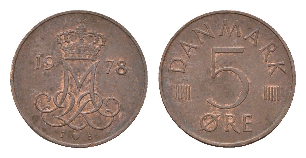 Дания 5 эре 1978 S; B, Маргрете II (1972-2024) KM 859 железо плакированное медью 4617-966