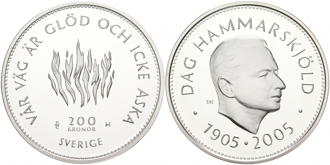 Швеция 200 крон 2005 Карл XVI Густав (1973- ), 100 лет со дня рождения Дага Хаммаршельда KM 913 серебро PROOF 02-036-14
