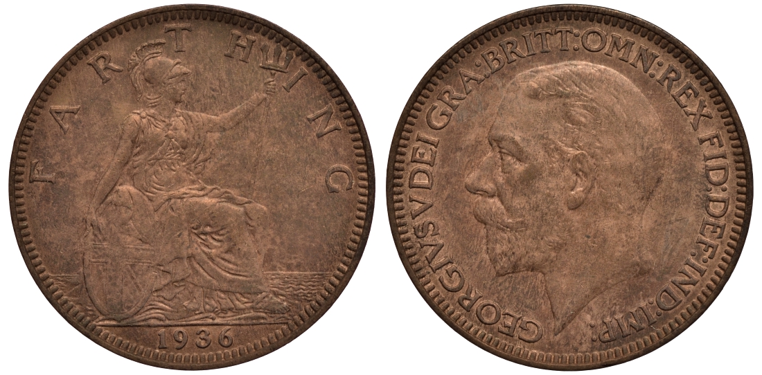 Великобритания 1 фартинг 1936 Георг V (1910-1936) KM 825, Spink 4061 бронза UNC 4114-745