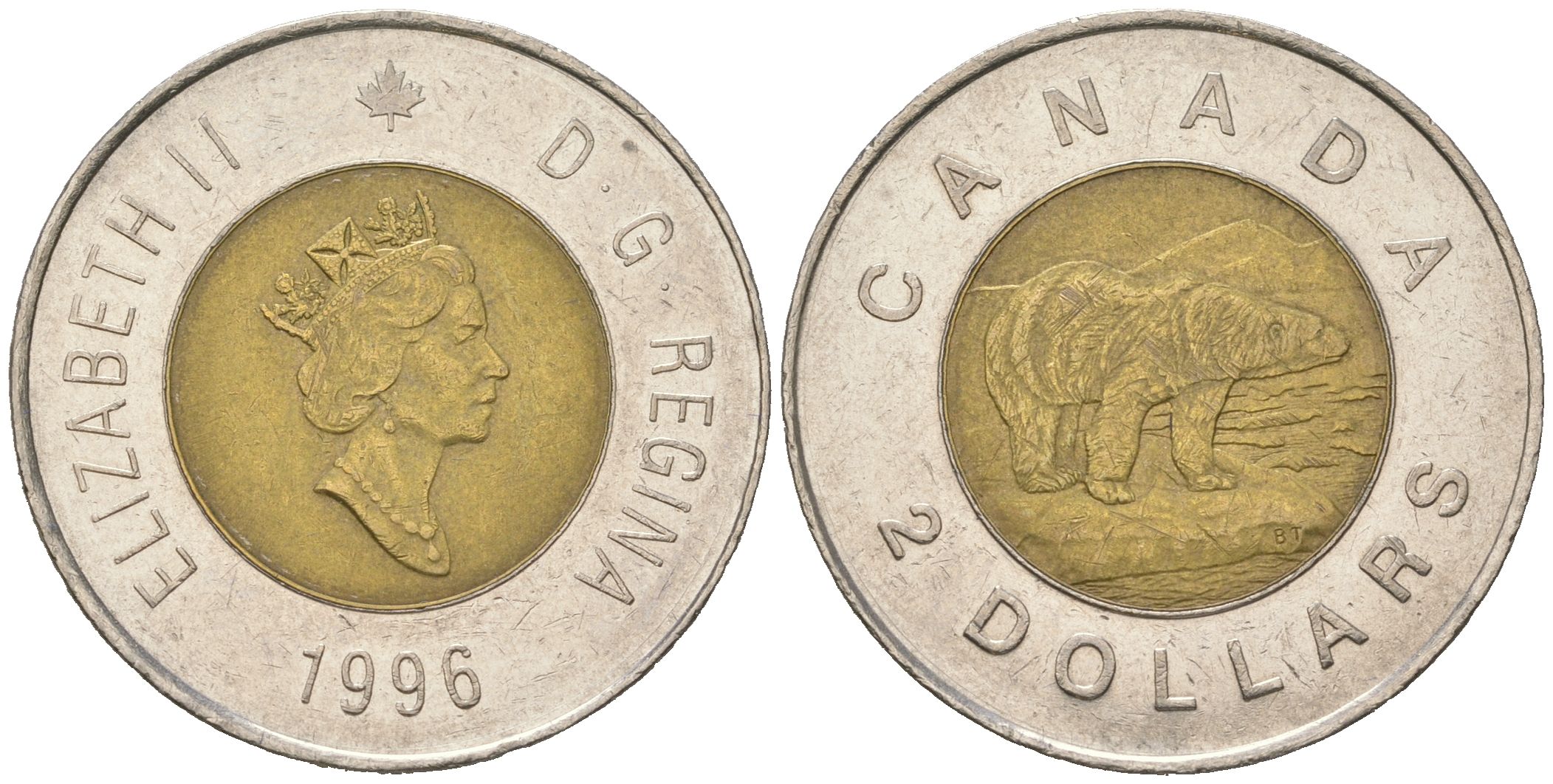 Канада 2 доллара 1996 Елизавета II (1952-2022), полярный медведь KM 270 биметалл 4620-356