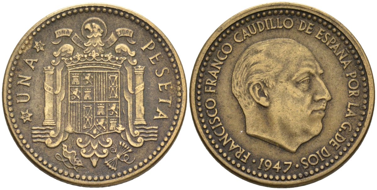 Испания 1 песета 1947 (52) Франсиско Франко (1939-1975) KM 775 алюминиевая бронза 4604-324