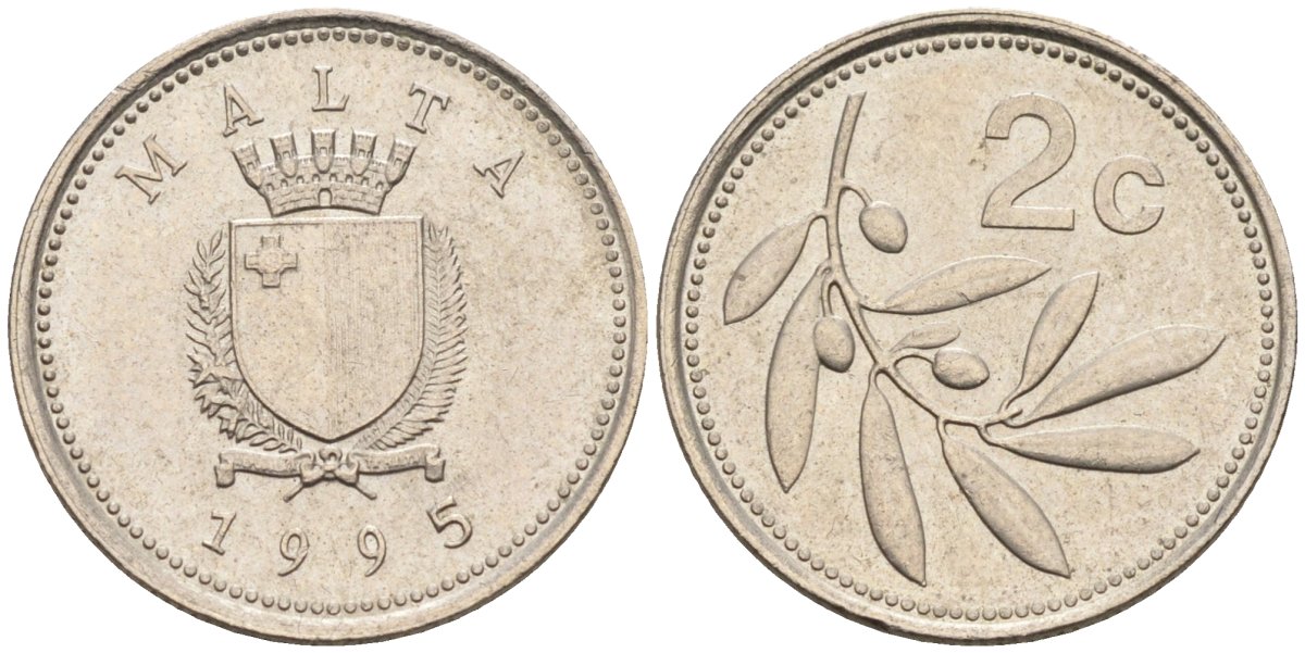 Мальта 2 цента 1995 оливковая ветвь KM 94 медно-никель 188-1149