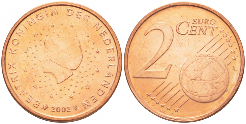 НИДЕРЛАНДЫ 2 ЕВРОЦЕНТА 2002 KM 235 сталь покрытая медью UNC 3457-1114