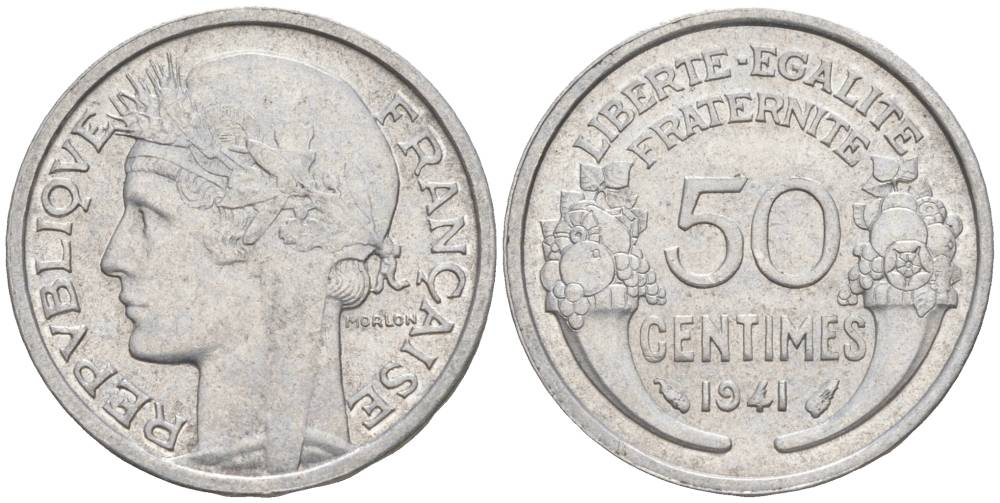 ФРАНЦИЯ 50 САНТИМОВ 1941 ТИП MORLON LOURDE KM 894.1a, LE FRANC 193.2 алюминий 44-212