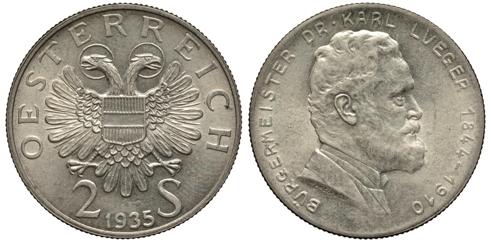 Австрия 2 шиллинга 1935 25 лет со дня смерти Карла Люгера KM 2855 серебро 413-5911