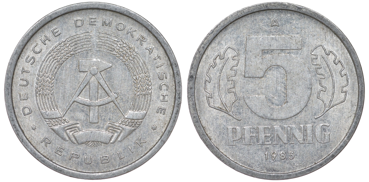ГДР 5 ПФЕННИГОВ 1983 A КМ 9.2 алюминий 62-525