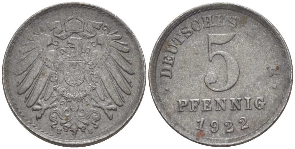 ГЕРМАНИЯ 5 ПФЕННИГОВ 1922 E KM 19, J. 297, Weege 5 железо 206-757