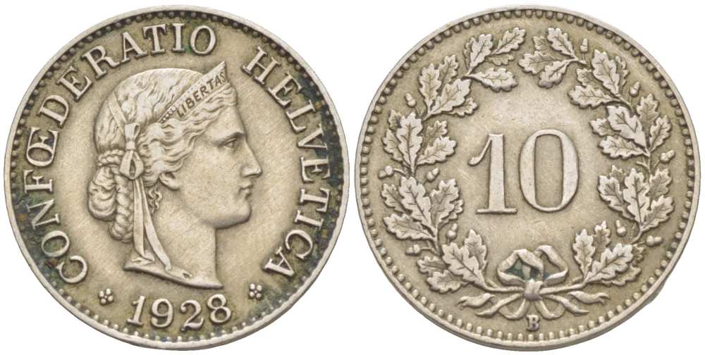 Швейцария 10 раппенов 1928 B KM 27 медно-никель     4513-234