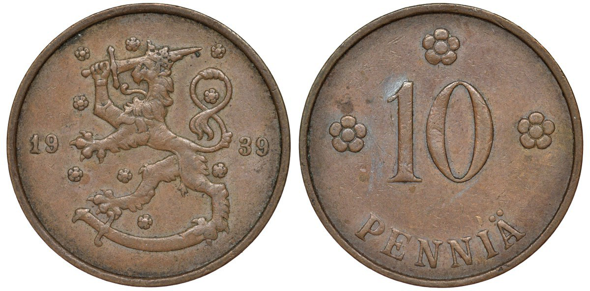 Финляндия 10 пенни 1939 KM 24 медь 51-3143