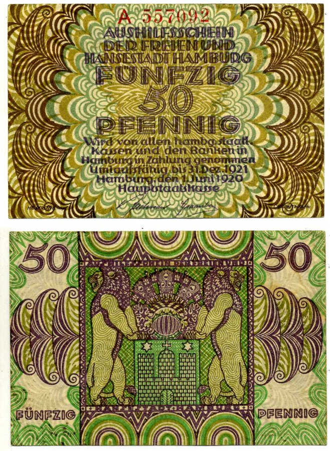 Гамбург 50 пфеннигов 1921 1 июня 1920 - 31 декабря 1921, нотгельд (серия А), земля Гамбург Grabowski H7.2a бумага 2196-2-1-2
