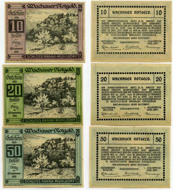 Австрия, Михельдорф набор из 3 банкнот 10, 20, 50 геллеров 1920 30 сентября 1920, нотгельд, земля Нижняя Австрия   бумага  UNC (пресс) 7555-29-1-2