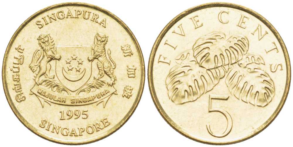 Сингапур 5 центов 1995 sm KM 99 алюминиевая бронза 261-1129
