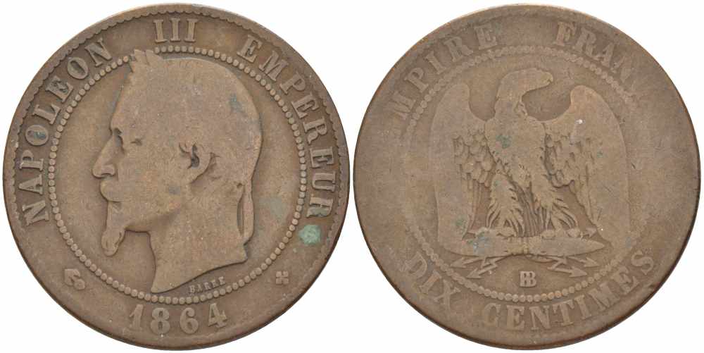 ФРАНЦИЯ 10 САНТИМОВ 1864 BB, НАПОЛЕОН III (1852-1870) KM 798.2, LE FRANC 134.12 бронза 4389-622