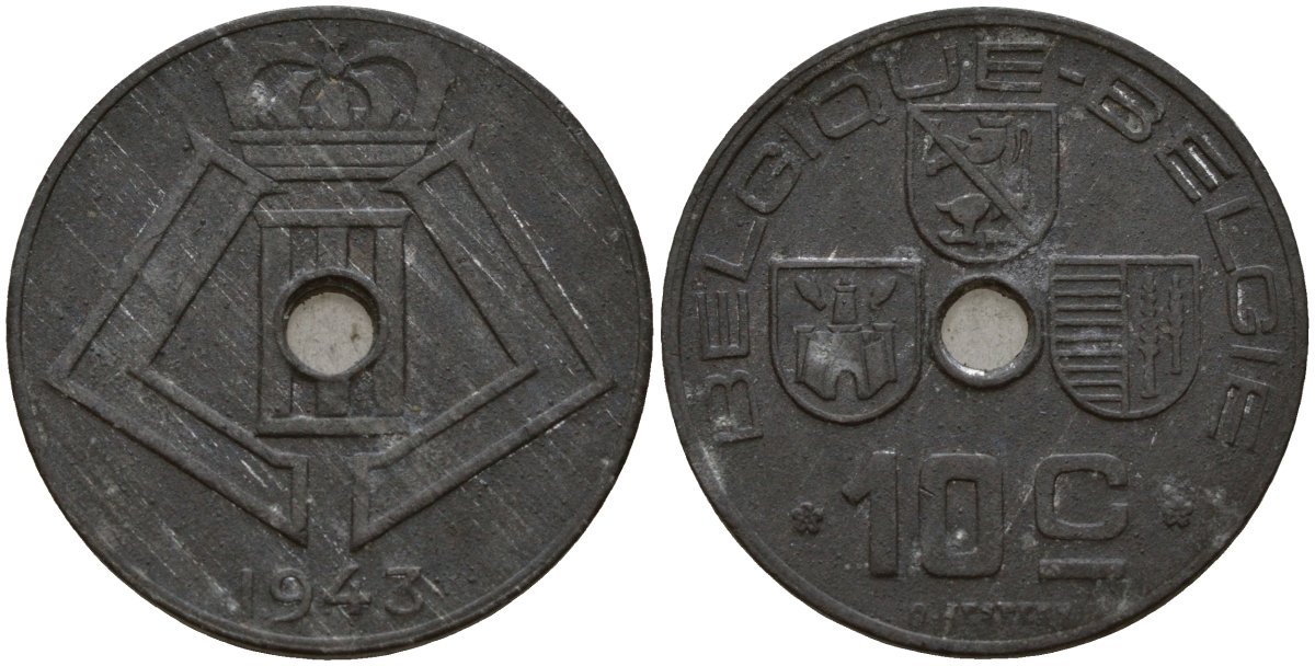 Бельгия 10 сантимов 1943 Belgique - Belgie, Леопольд III (1934-1947), германская оккупация, Вторая мировая война KM 125 цинк 4161-326