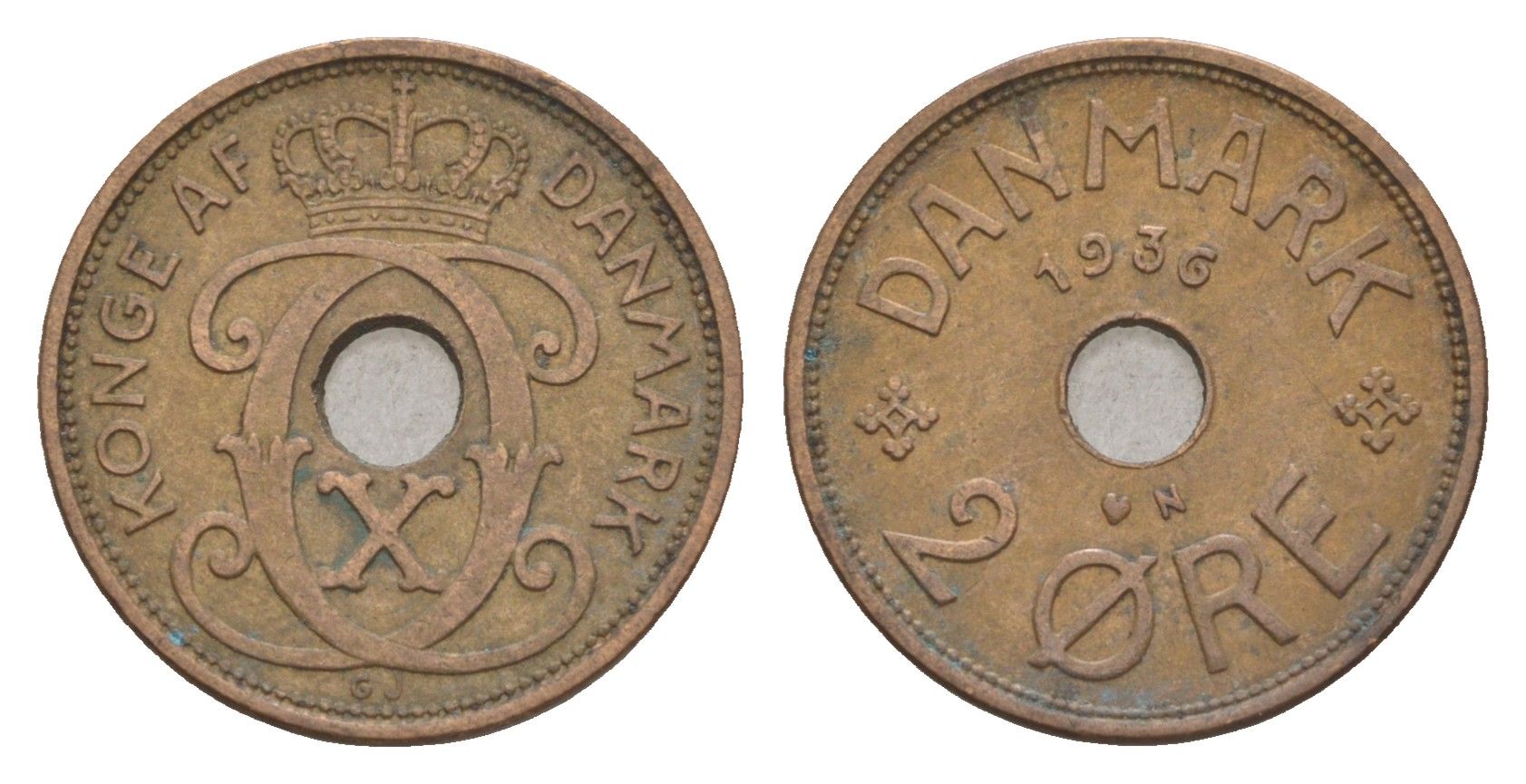 Дания 2 эре 1936 N, Кристиан X (1912-1947) KM 827 бронза 4658-241