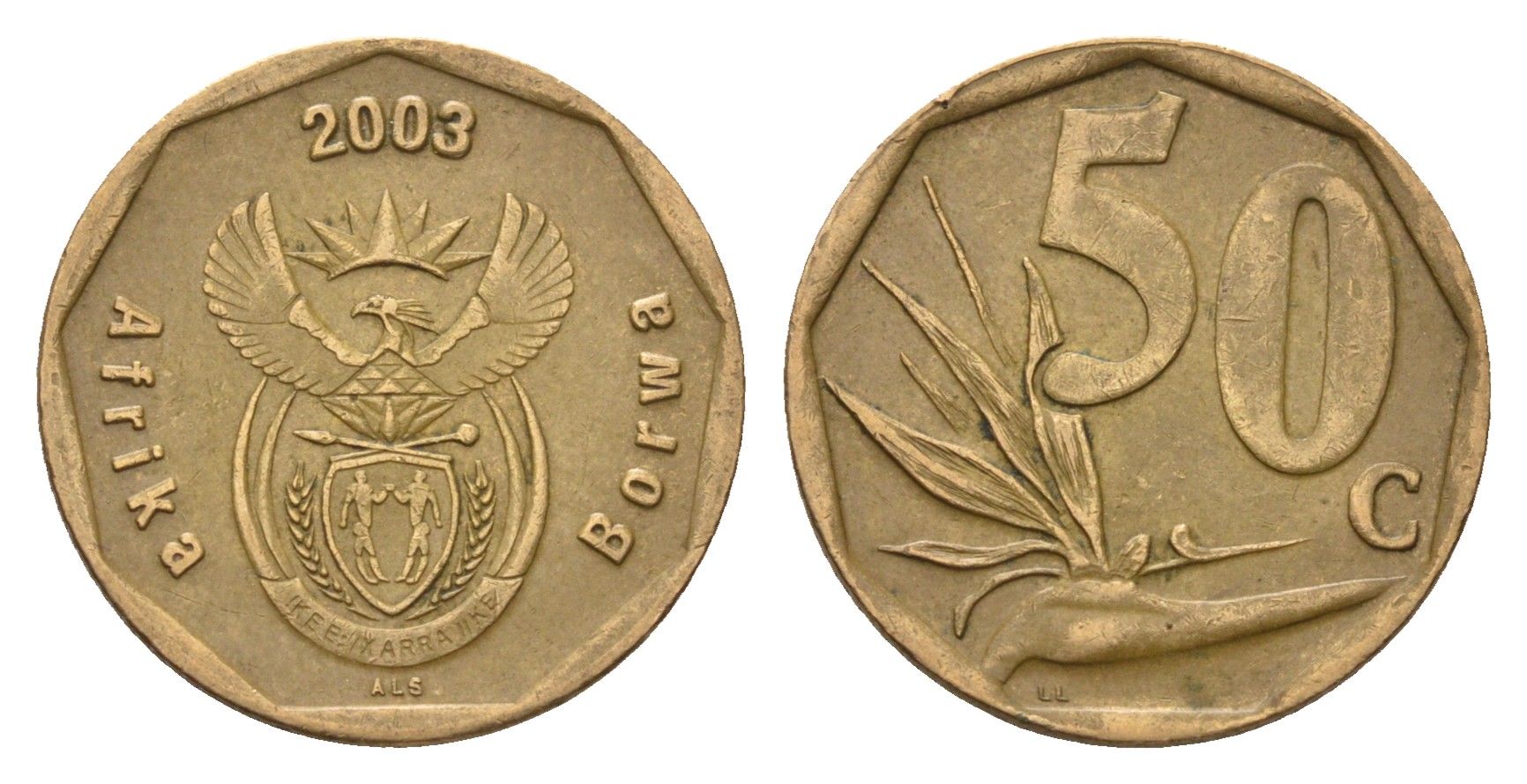 ЮАР 50 центов 2003 Зантедеския Эллиота (калла), герб, год-тип KM 330 сталь плакированная бронзой 4694-954