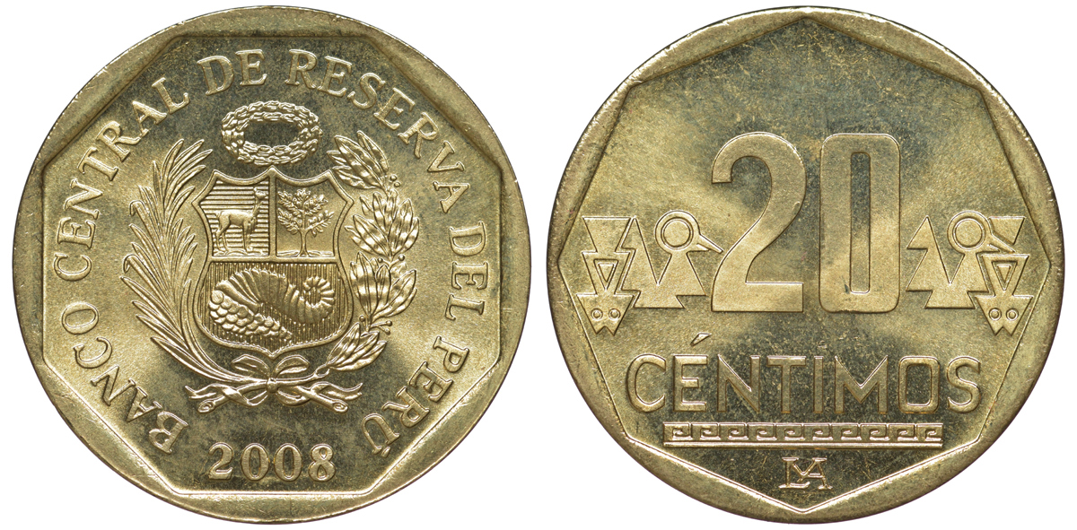 Перу 20 сентимо 2010 KM 306.4 латунь aUNC 4605-517
