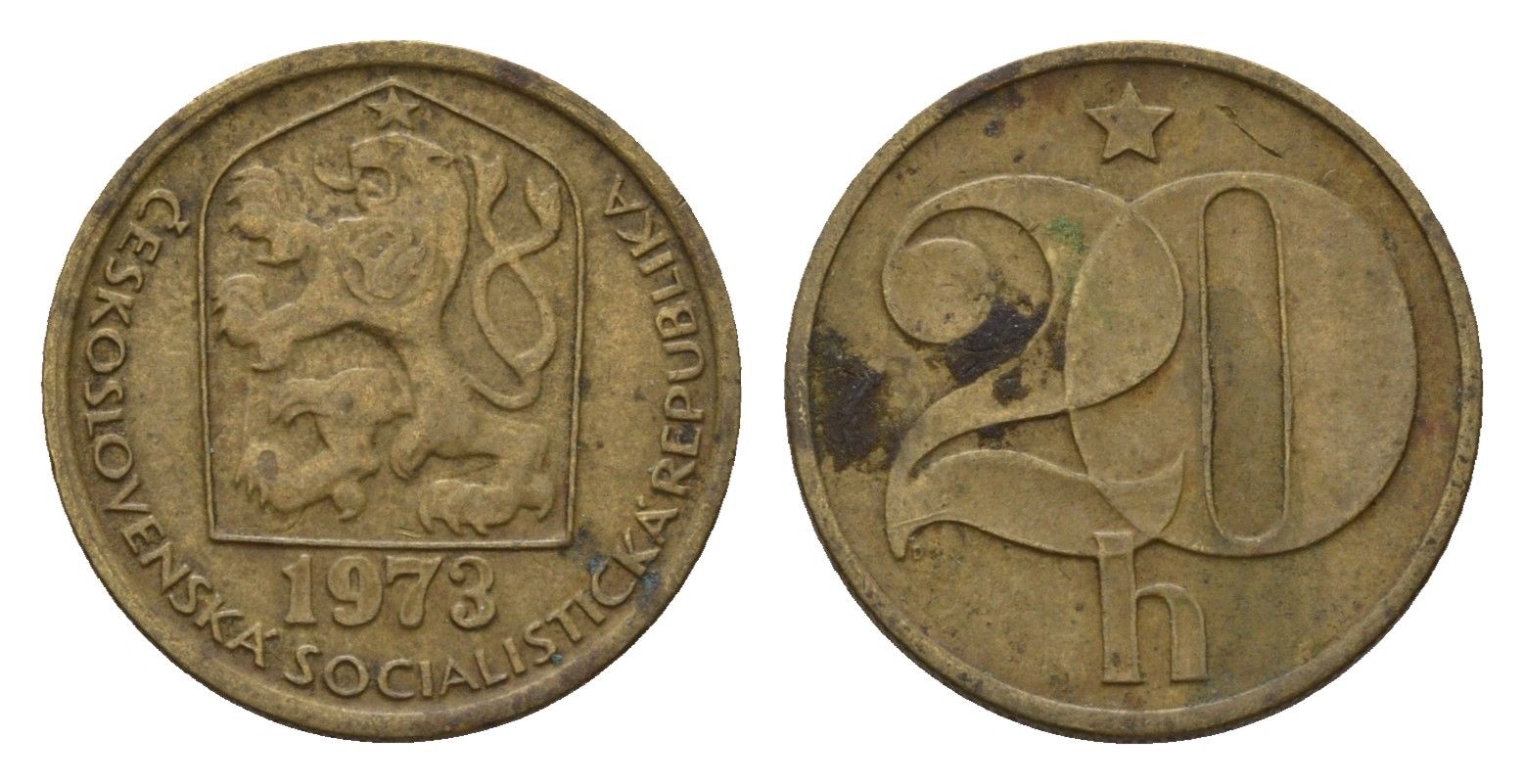 Чехословакия 20 геллеров 1973 KM 74 латунь 4609-266