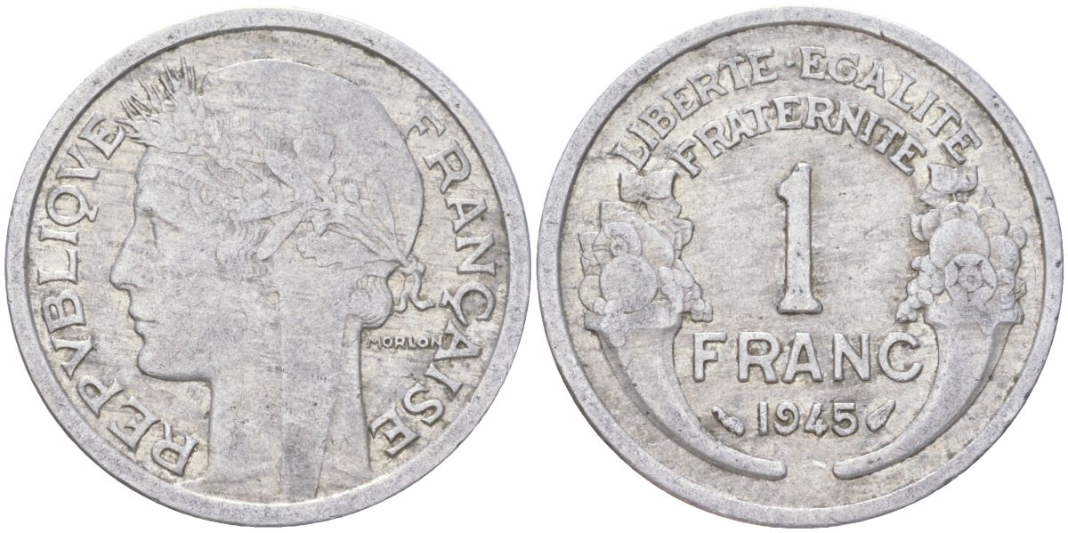 Франция 1 франк 1945 KM 885a алюминий 4159-811