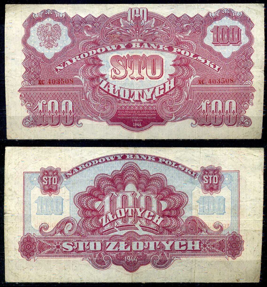 Польша 100 злотых 1944 OBOWIAZKOWYM Pick 116 бумага 8604-45-2-2