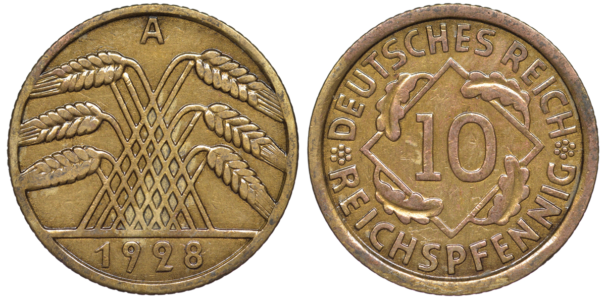 Германия 10 рейхспфеннигов 1928 A KM 40, J. 317 алюминиевая бронза 4604-712