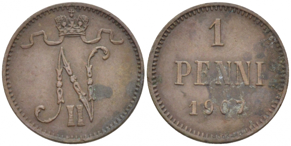 РОССИЯ ДЛЯ ФИНЛЯНДИИ 1 ПЕННИ 1907 НИКОЛАЙ II KM 13, Биткин 468 медь 4396-1333