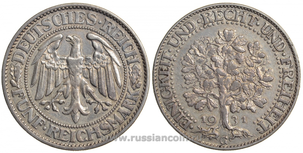 Германия 5 рейхсмарок 1931 G, дуб, Веймарская республика Weege 21, J. 331, KM 56 серебро 00-819-43