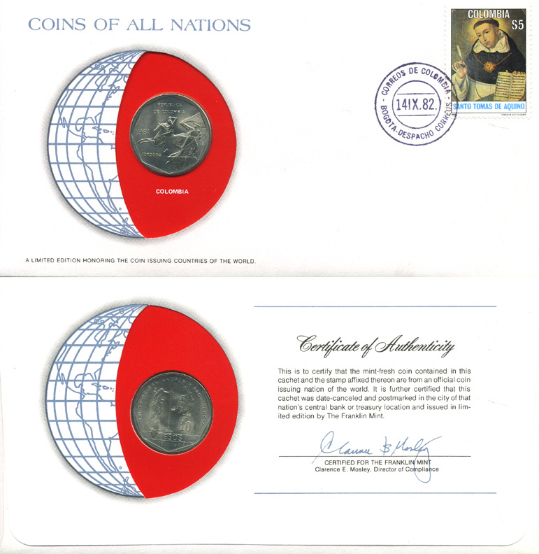 Колумбия 10 песо 1981 конверт с маркой первого дня гашения, Coins of Nations KM 270 медь никель цинк UNC 4294-69-2