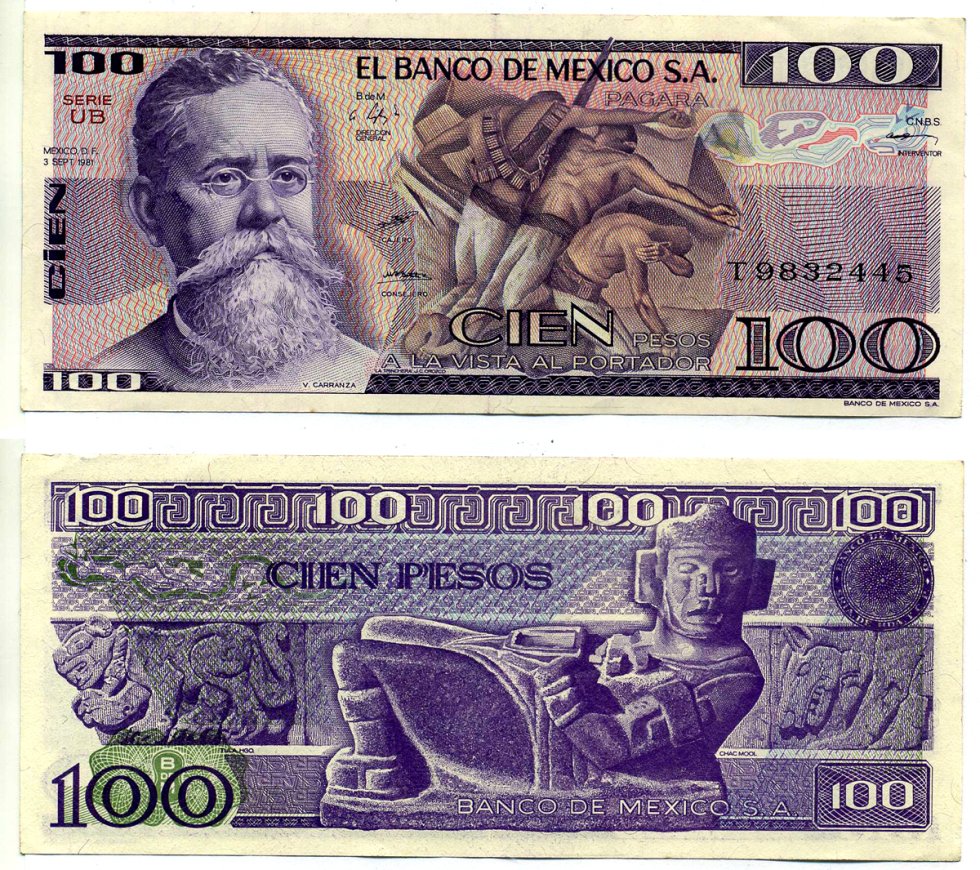 Мексика 100 песо 1981 3 сентября 1981 Pick 74b бумага XF 2196-23-1-2
