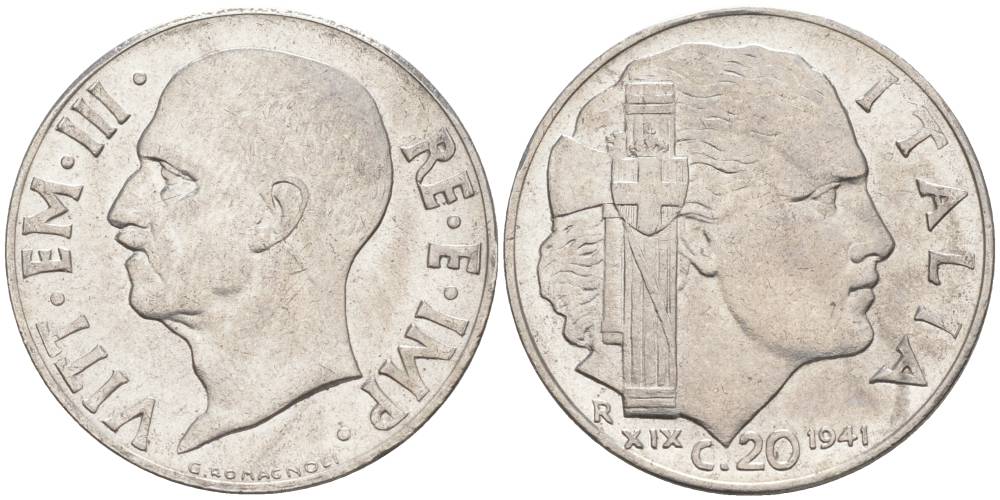 ИТАЛИЯ 20 ЧЕНТЕЗИМО 1941 R, ГОД XIX, ВИКТОР ЭММАНУИЛ III (1900-1946) KM 75b, VEM3. 1028 нержавеющая сталь 3853-815