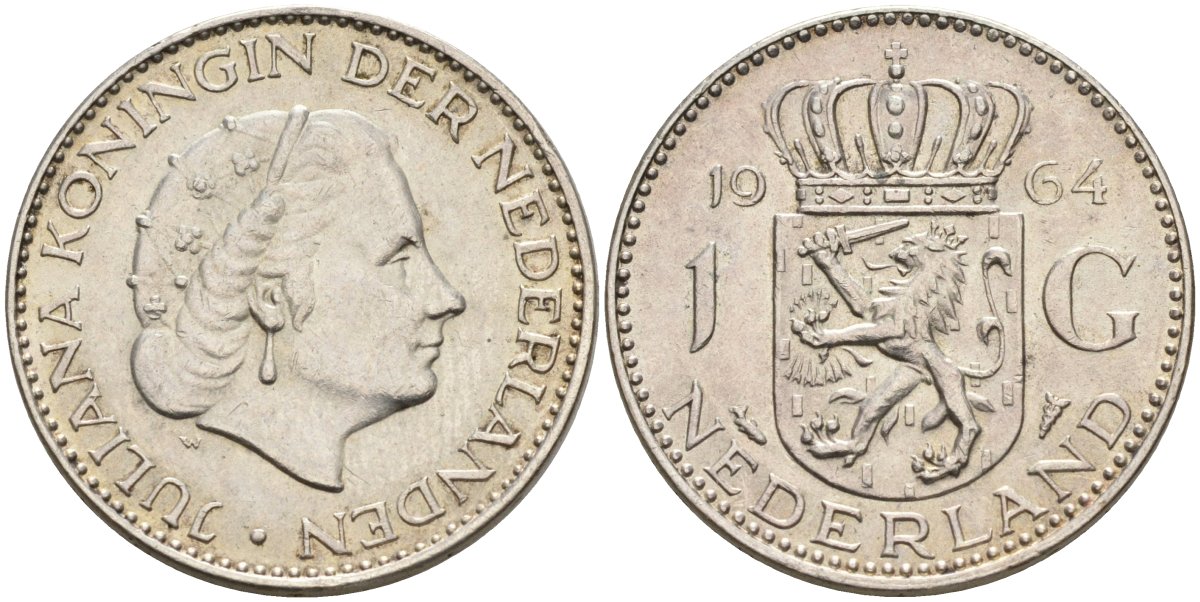 Нидерланды 1 гульден 1964 Юлиана (1948-1980) KM 184 серебро 4126-1136