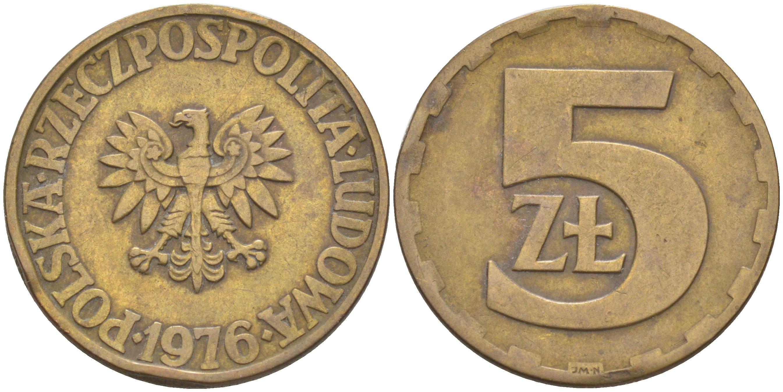 Польша 5 злотых 1976 монетный двор Ленинград (ЛМД) KM 81.1, Parchimowicz 221b латунь 106-616