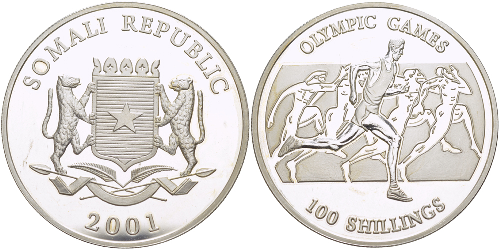 Сомали 100 шиллингов 2001 Олимпийские игры, бег серебро PROOF 1074-6-52