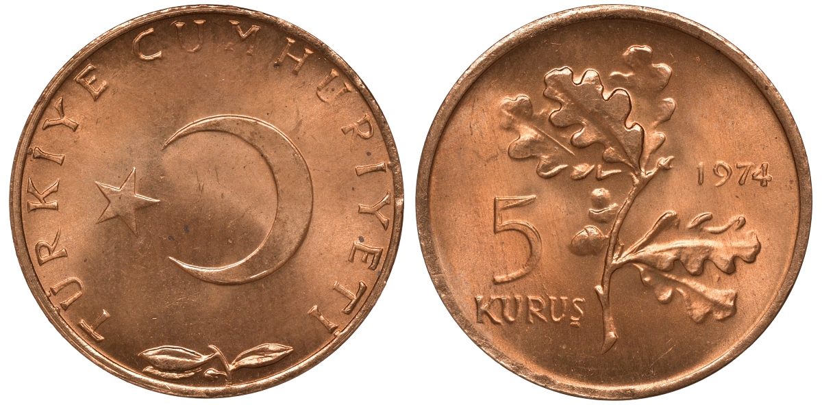 Турция 5 курушей 1974 KM 890.3 бронза UNC M52-16